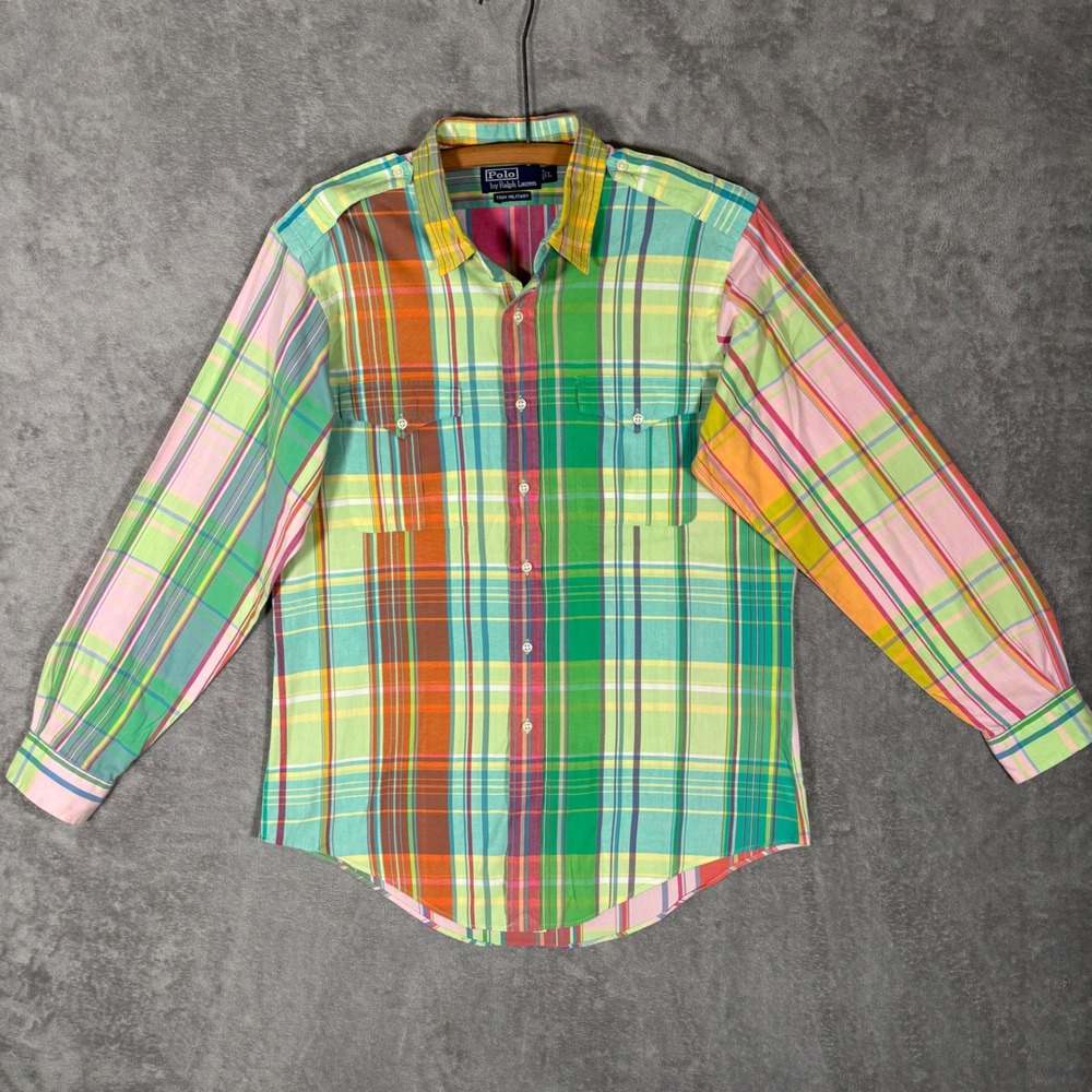 Polo Ralph Lauren Trim Military Mens Large Madres Plaid Button Up Shirt  L
